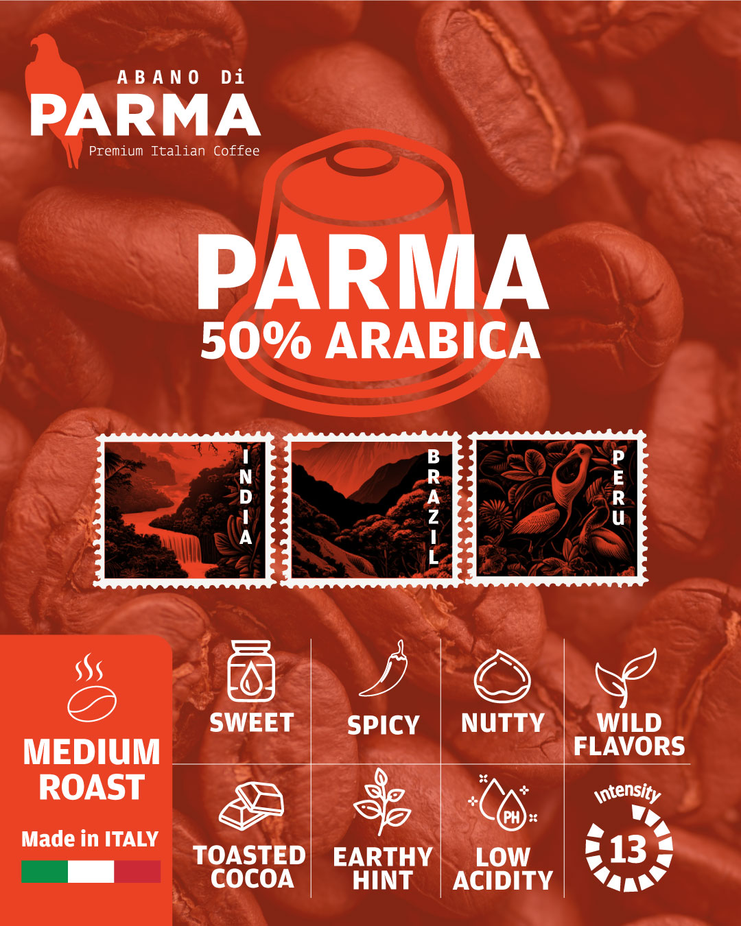 Abano Di Parma 50% Arabica coffee capsule packaging