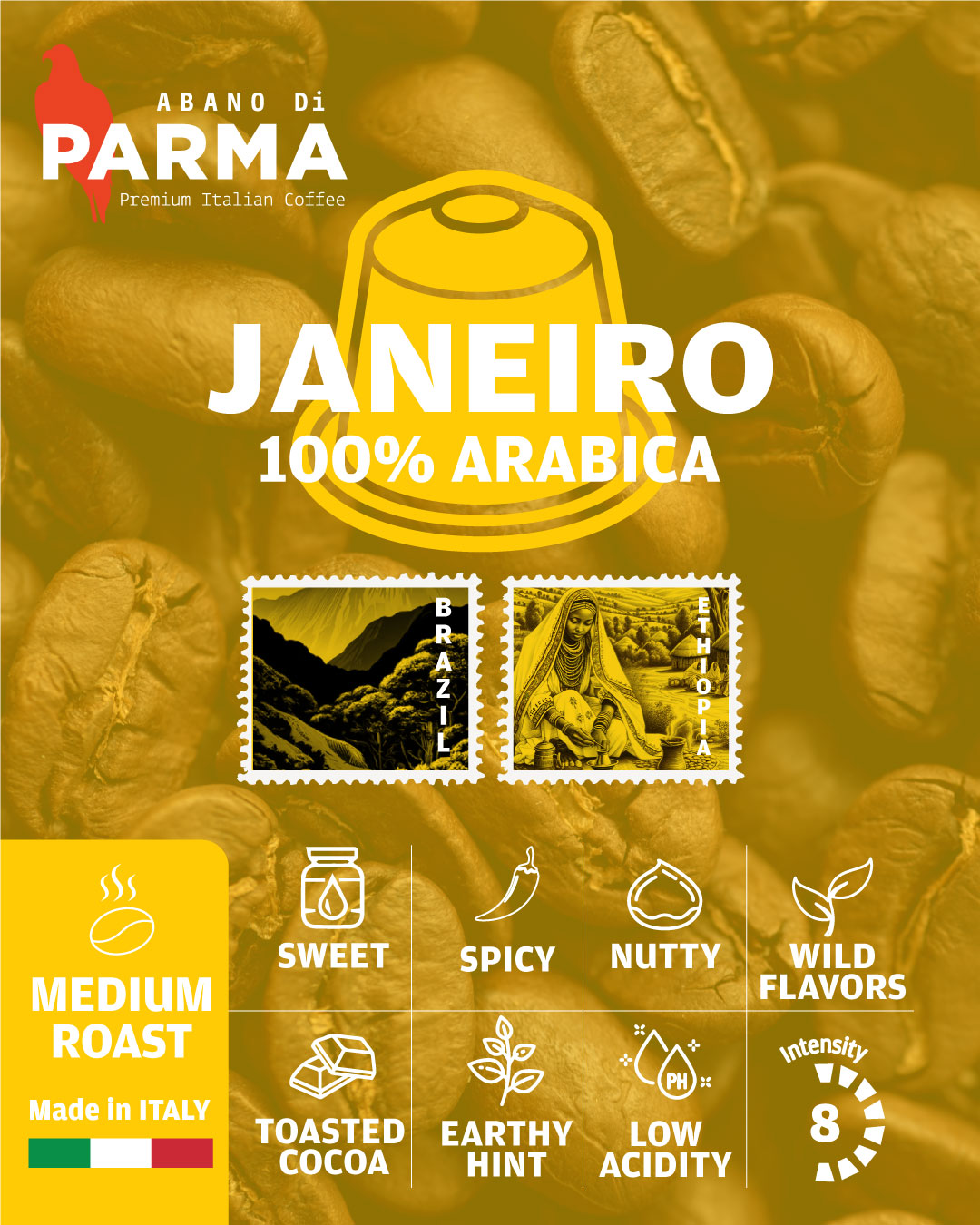 Janeiro 100% Arabica coffee capsule packaging by Abano Di Parma