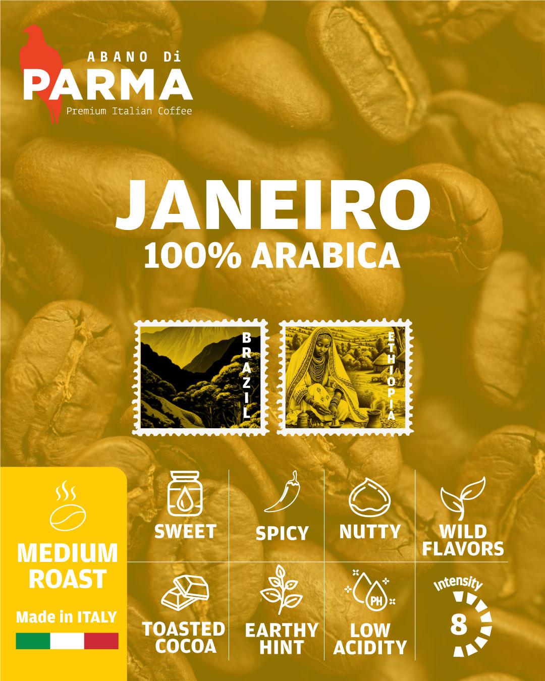 Abano Di Parma Janeiro 100% Arabica roasted coffee beans 1Kg