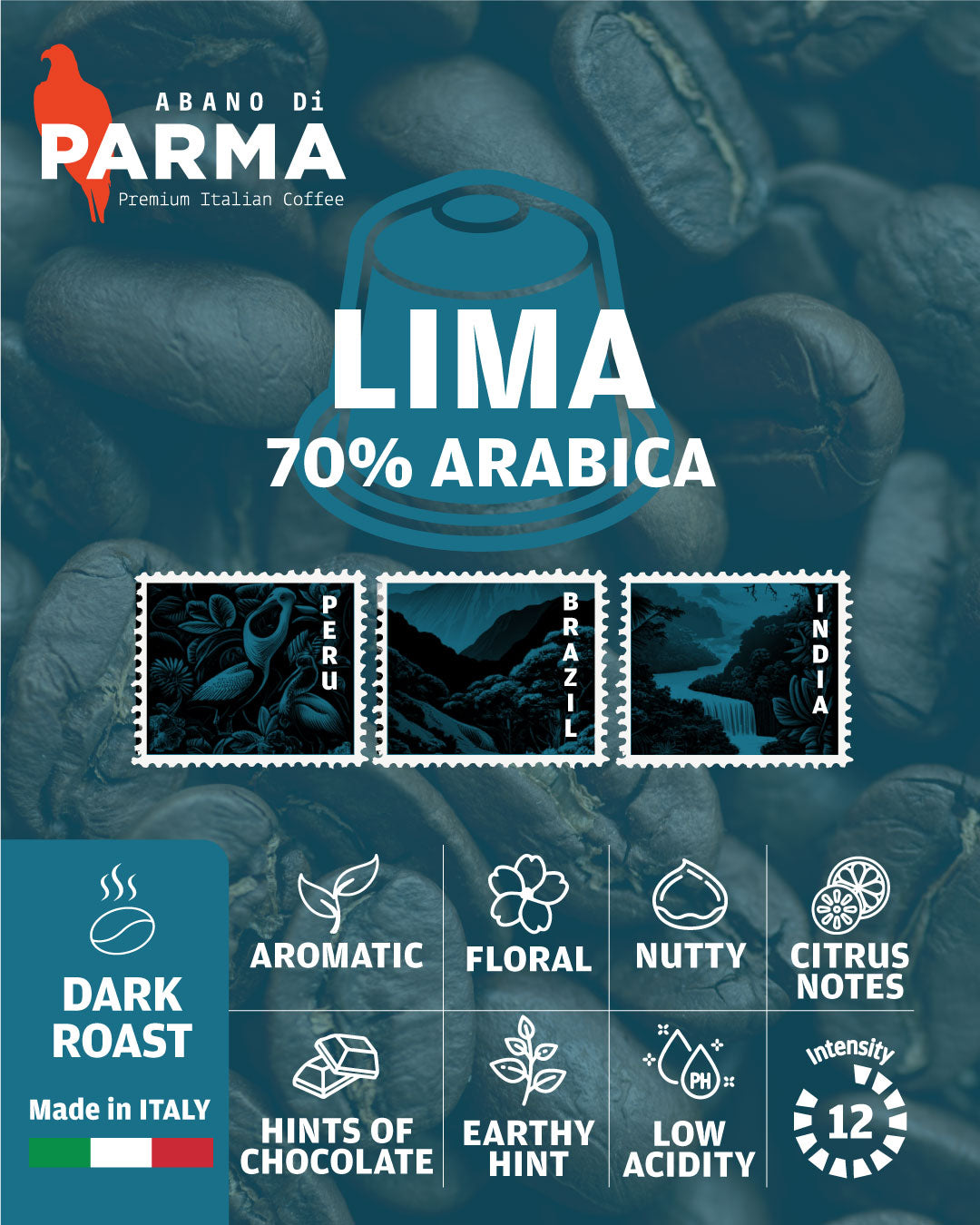 Lima 70% Arabica coffee capsule packaging by Abano Di Parma
